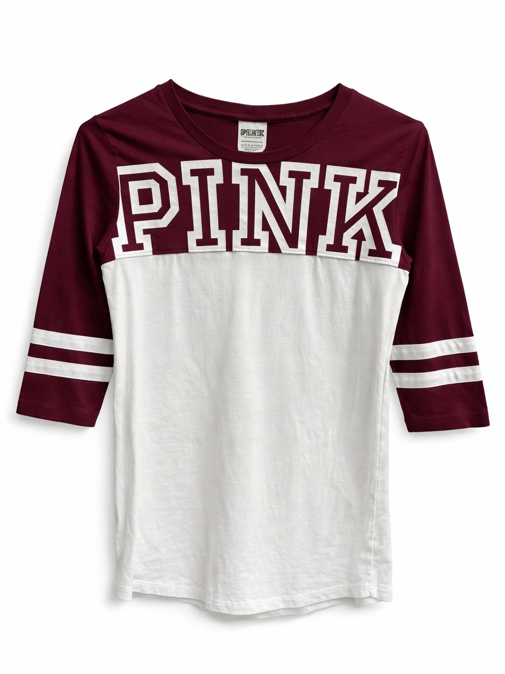 PINK Victoria's Secret Maroon and White Raglan Logo Tee